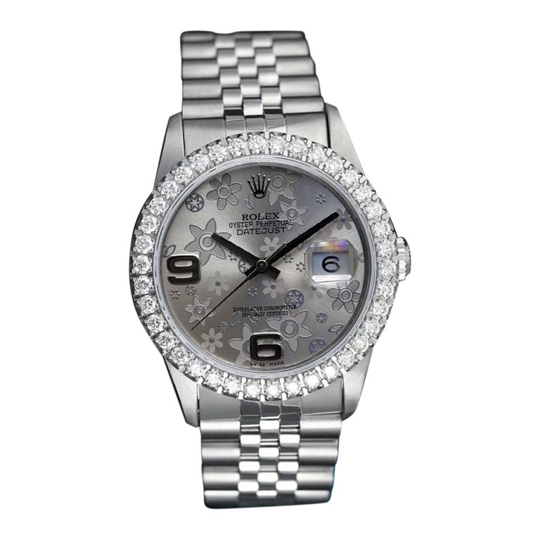 Rolex Datejust 36mm Silver Floral Dial Diamond Bezel Stainless Steel Jubilee 