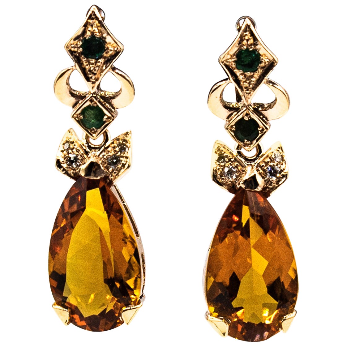 Art Deco Style White Diamond Emerald Citrine Yellow Gold Lever Back Earrings