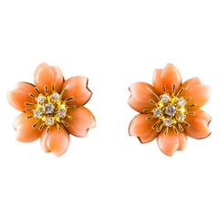 Art Nouveau Style White Diamond Pink Coral Yellow Gold Flowers Clip-On Earrings
