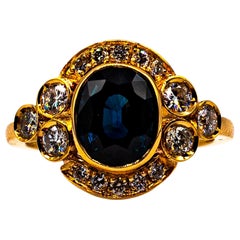 Art Deco White Brilliant Cut Diamond Blue Sapphire Yellow Gold Cocktail Ring
