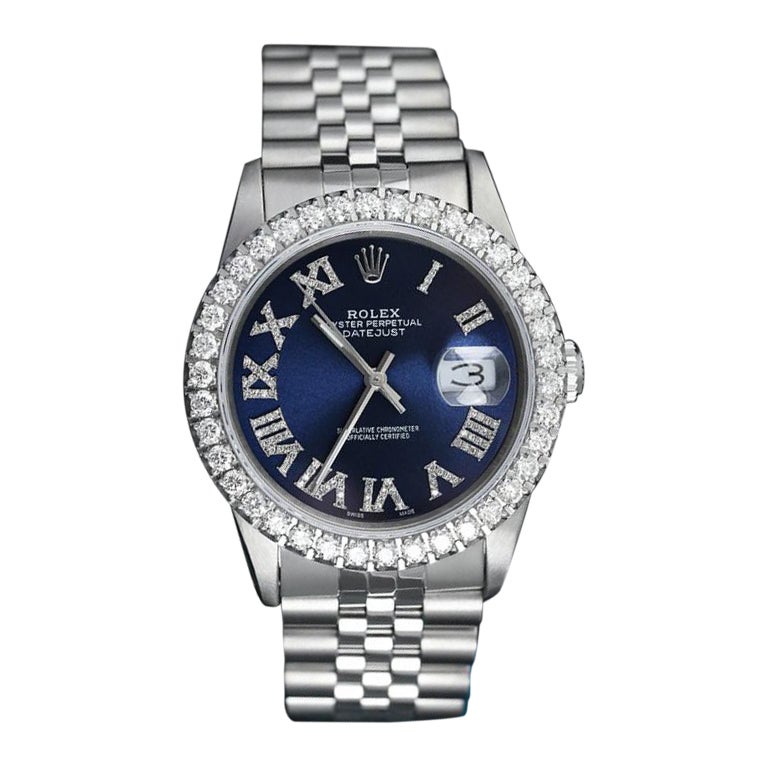 Rolex, bracelet Datejust avec cadran romain et lunette en diamant bleu marine en vente