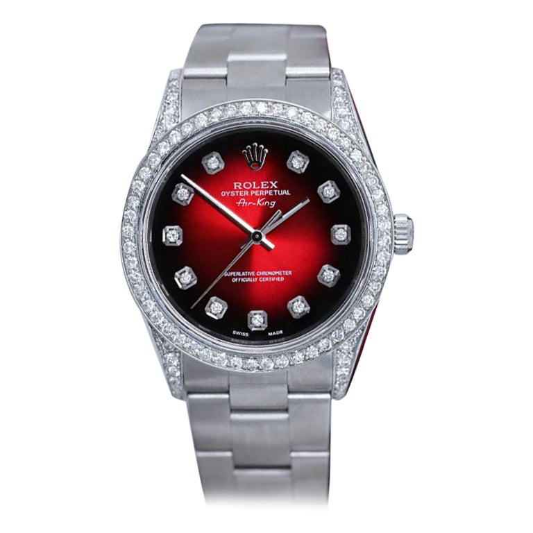 Rolex Air King Red Vignette Diamond Dial Diamond Bezel & Lugs Steel Watch 14000 For Sale