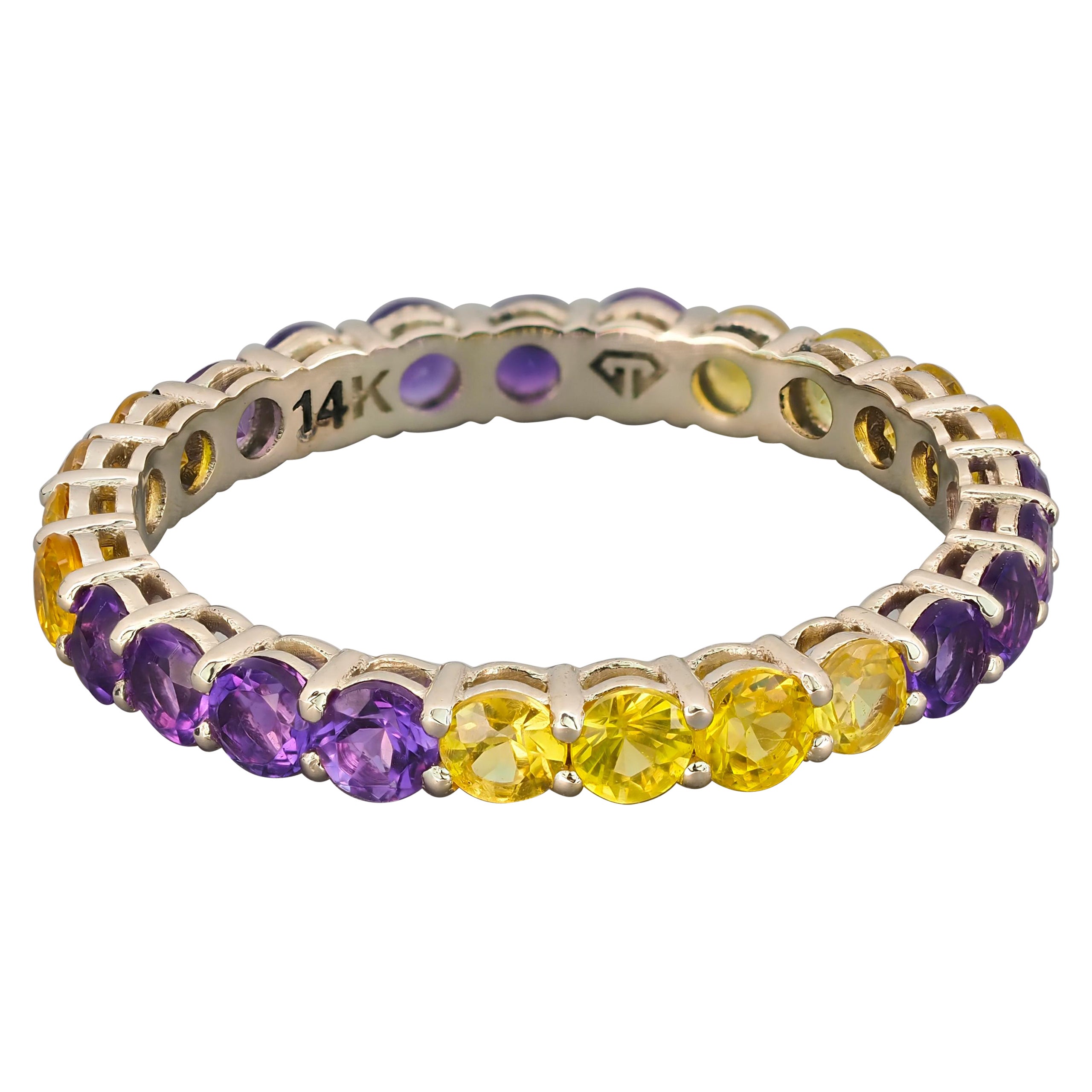 Customizable 14k Gold Eternity Ring with Emeralds and Amethysts For