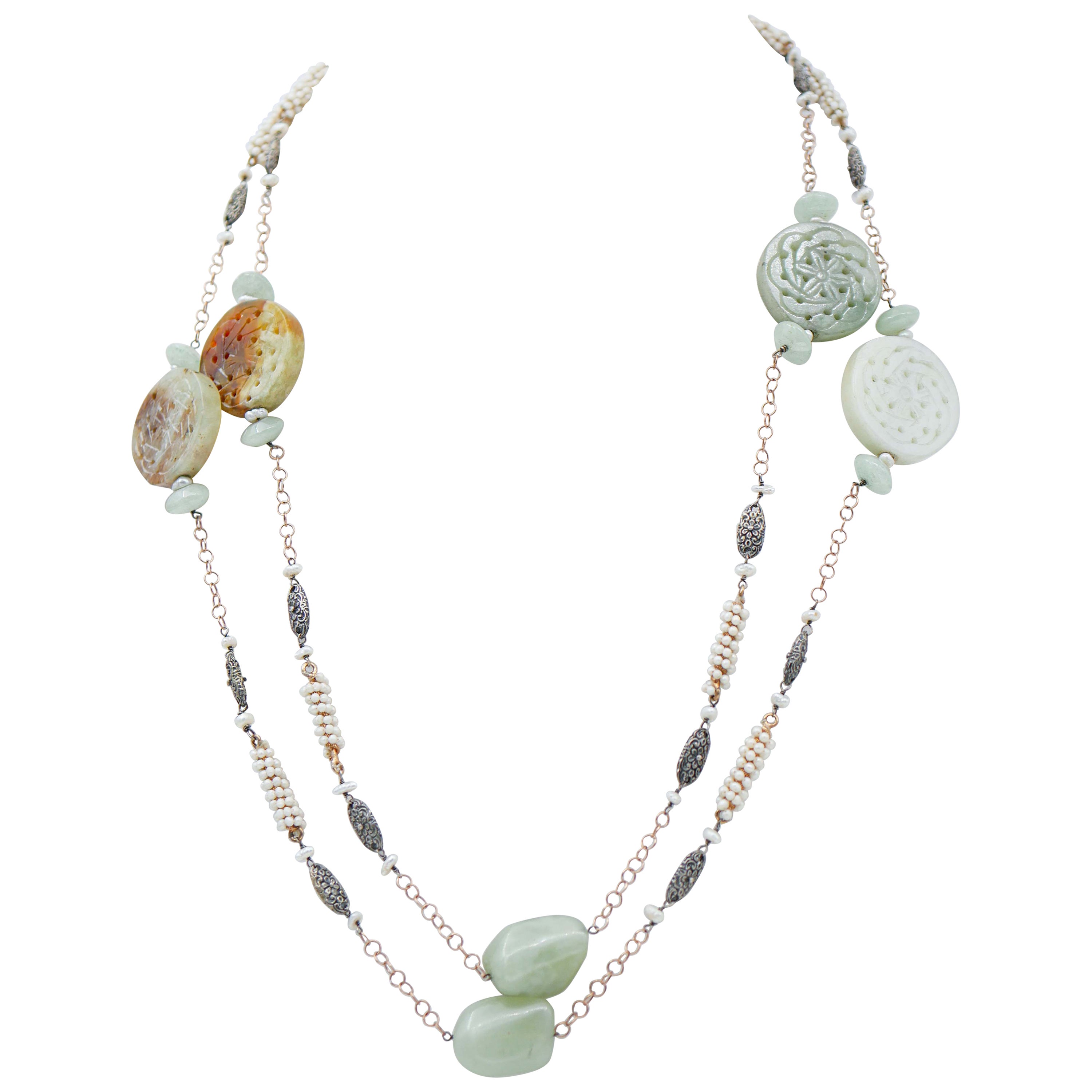 Jade, Pearls, Rose Gold and Silver Retrò Necklace