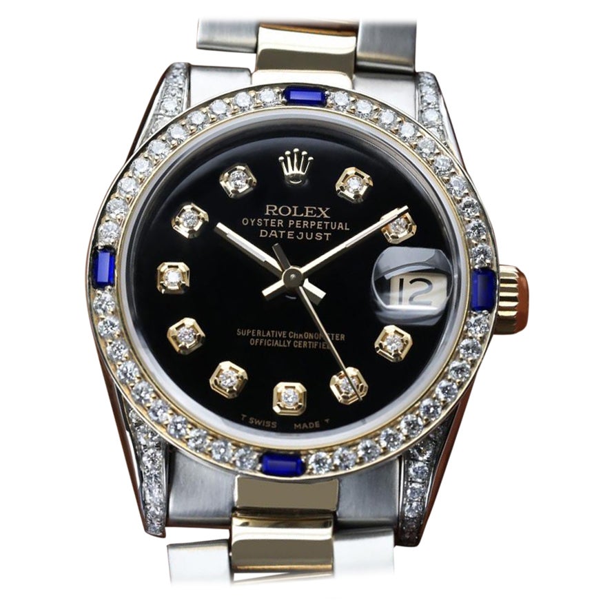 Rolex Black Datejust Tow Tone Diamond lugs + Sapphire Bezel 16013 For Sale