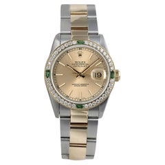 Vintage Rolex Champagne Dial Datejust Two Tone Diamond + Emerald Bezel