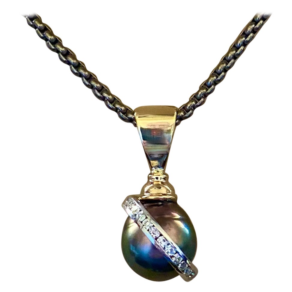 Michael Kneebone Tahitian Pearl Diamond Saturn Two Tone Pendant For Sale