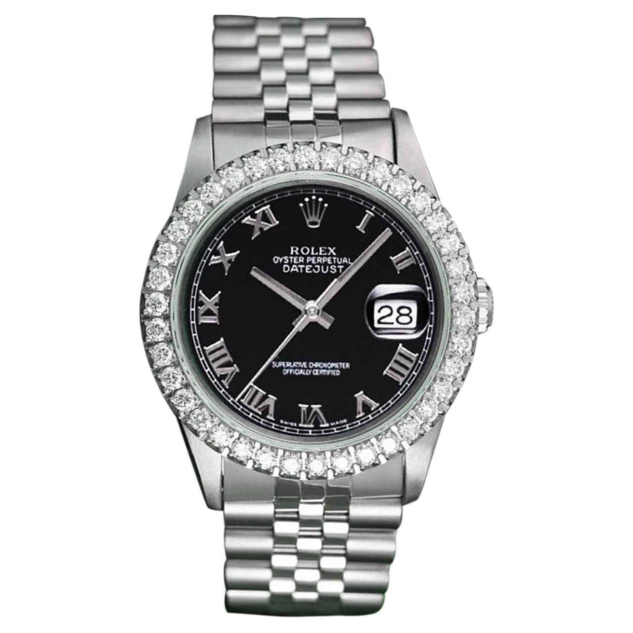 Rolex Datejust Black Roman Dial Diamond Bezel Ss Jubilee Bracelet 16014
