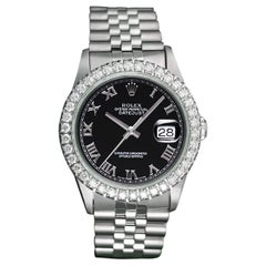 Retro Rolex Datejust Black Roman Dial Diamond Bezel Ss Jubilee Bracelet 16014