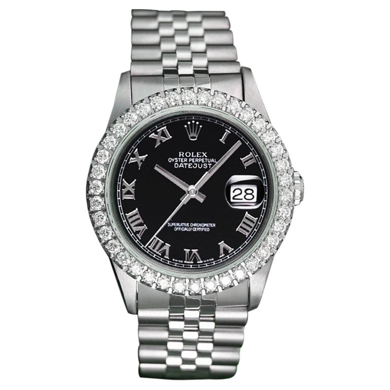 Rolex Montre Datejust 36 mm avec cadran romain noir et lunette en diamants  et bracelet SS Jubilee 16014 En vente sur 1stDibs