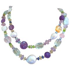 Pearl and Semiprecious Gemstones Long Lariat Necklace, 14K Gold Clasp & Tassel