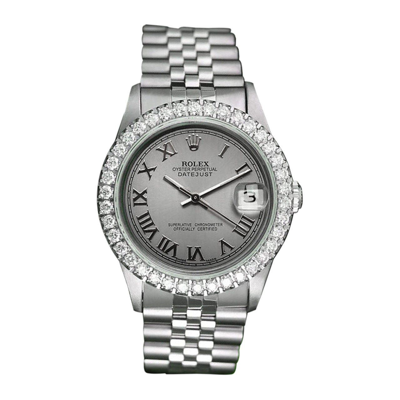 Rolex Datejust Diamond Bezel Grey Roman Dial Jubilee Bracelet Watch 16014 For Sale