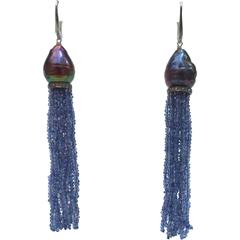 Baroque Black Pearl Iolite Bead Diamond Gold Tassel Earrings 4