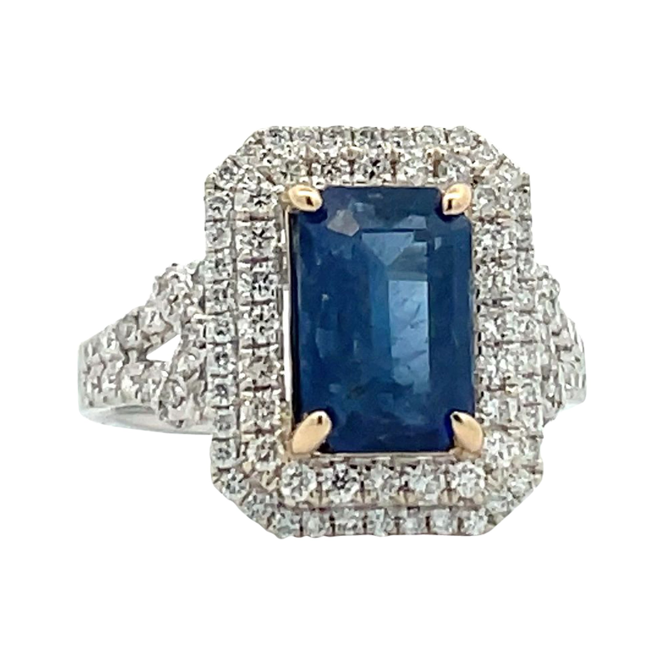 1.09CTW Emerald Cut Diamond Double Halo Engagement Ring in 14k White