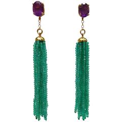 Green Onyx Bead Amethyst Gold Tassel Earrings 10