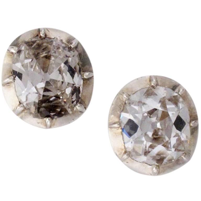 Antique Diamond Silver Gold Stud Earrings For Sale