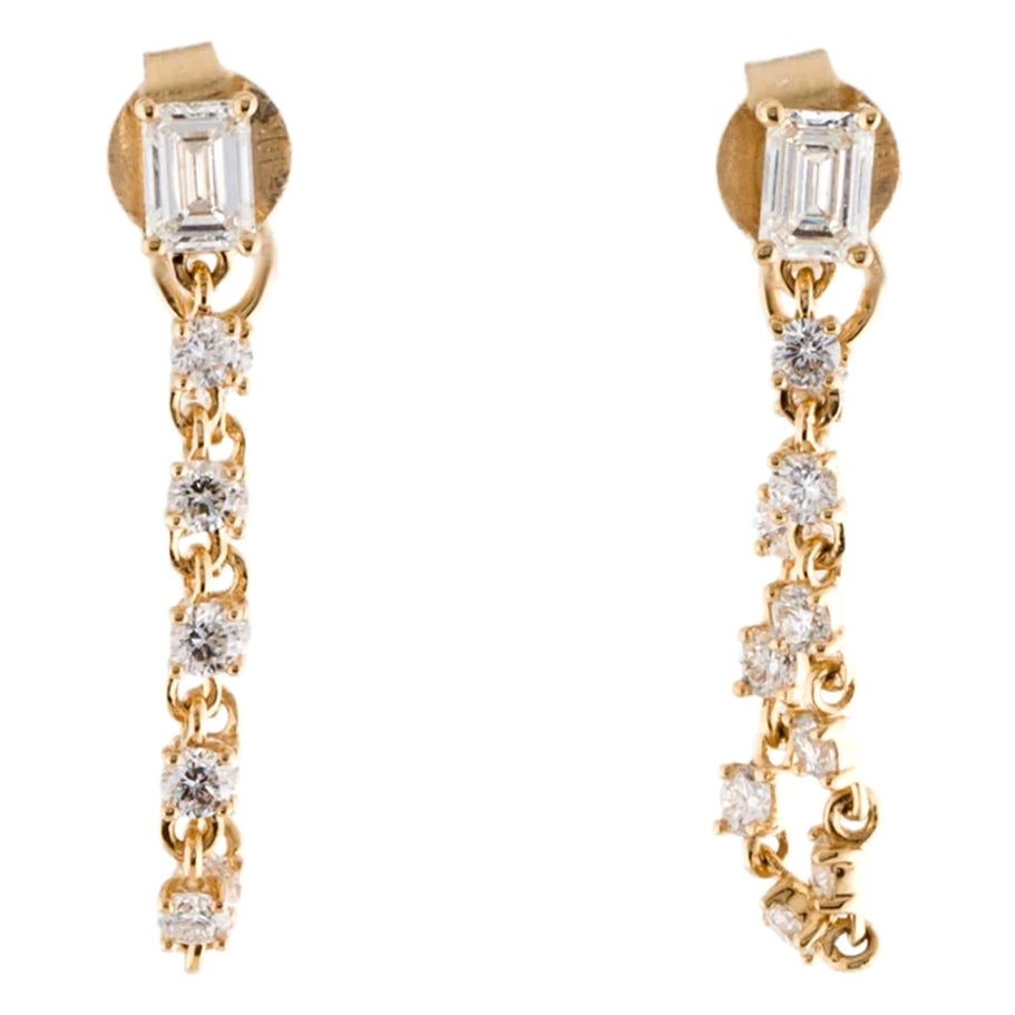 1.15 Carat Emerald Cut Diamond Prong Chain Earring in 14k Gold For Sale