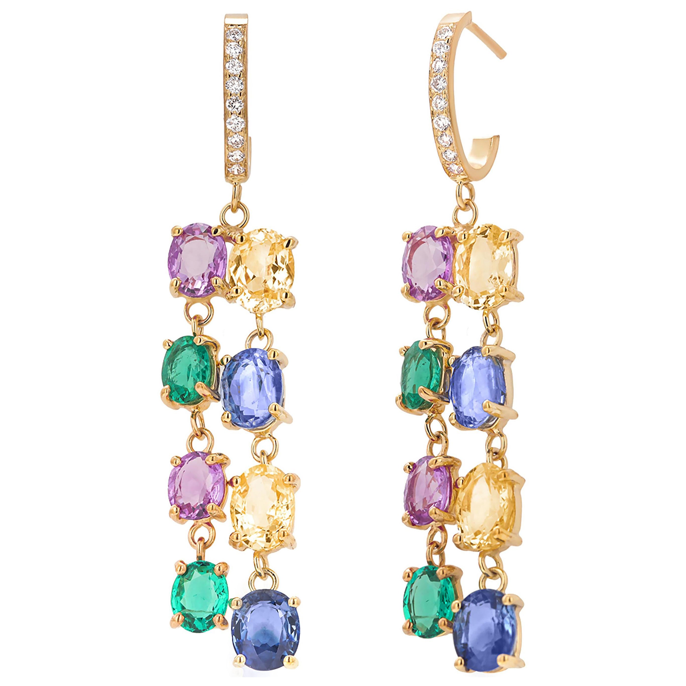Stylish Dangle Yellow Gold  Hoop Earrings Diamond Emerald Multi Color Sapphires 
