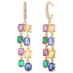Gemstones Emeralds Blue Pink Yellow Sapphires Yellow Gold Dangle Hoop Earrings