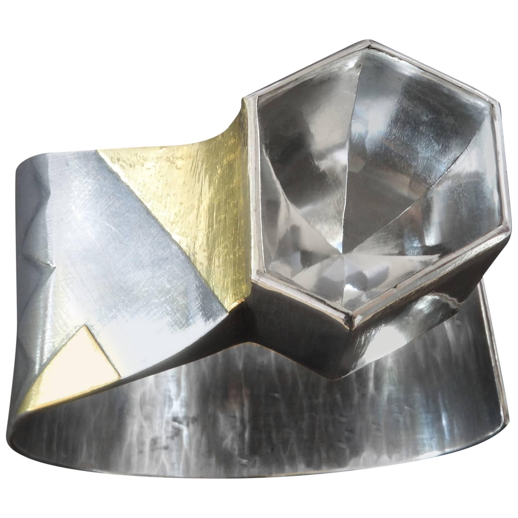 1970s Rainer and Sabine Loewe Modernist Rock Crystal Silver Gold Cuff Bangle