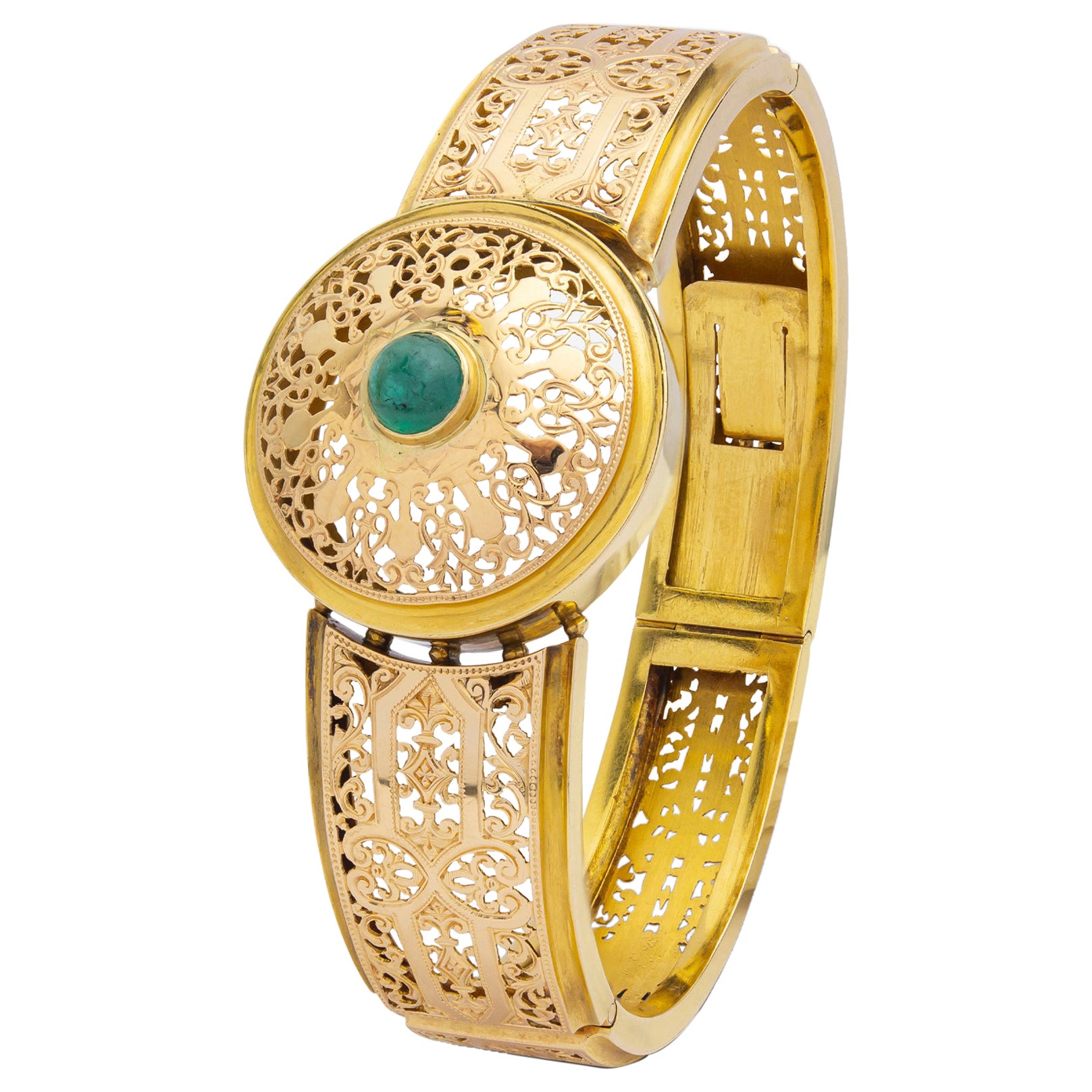 French, 18 Karat Gold and Cabochon Emerald Hinged Bangle For Sale
