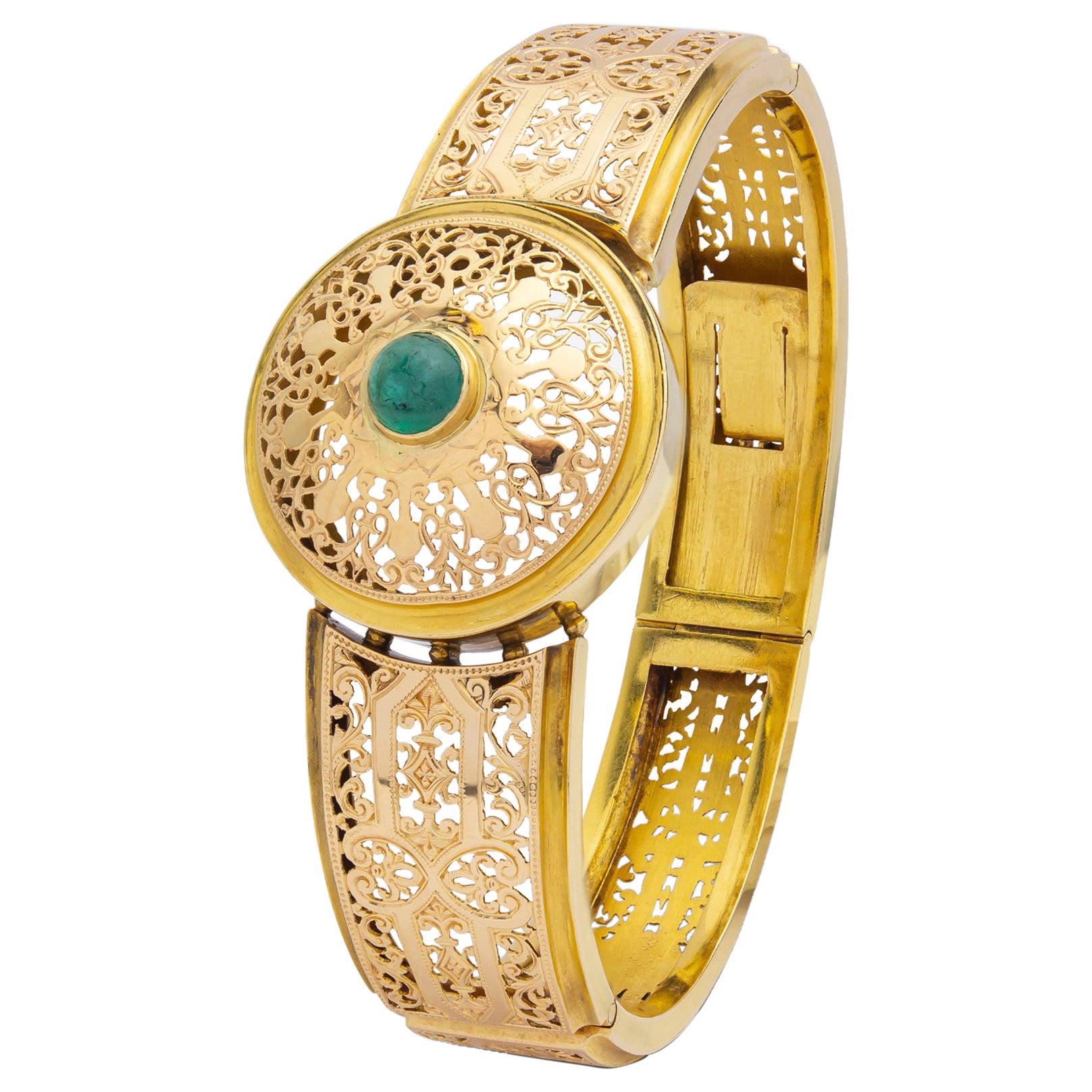 French, 18 Karat Gold and Cabochon Emerald Hinged Bangle