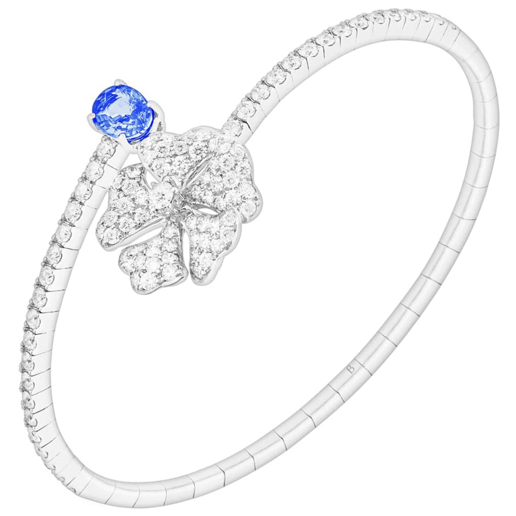 Bloom Blue Sapphire and Diamond Open Spiral Bangle in 18k White Gold For Sale