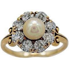 Antique GIA Cert Natural Pearl 1.25 Carats Diamonds Gold Engagement Ring