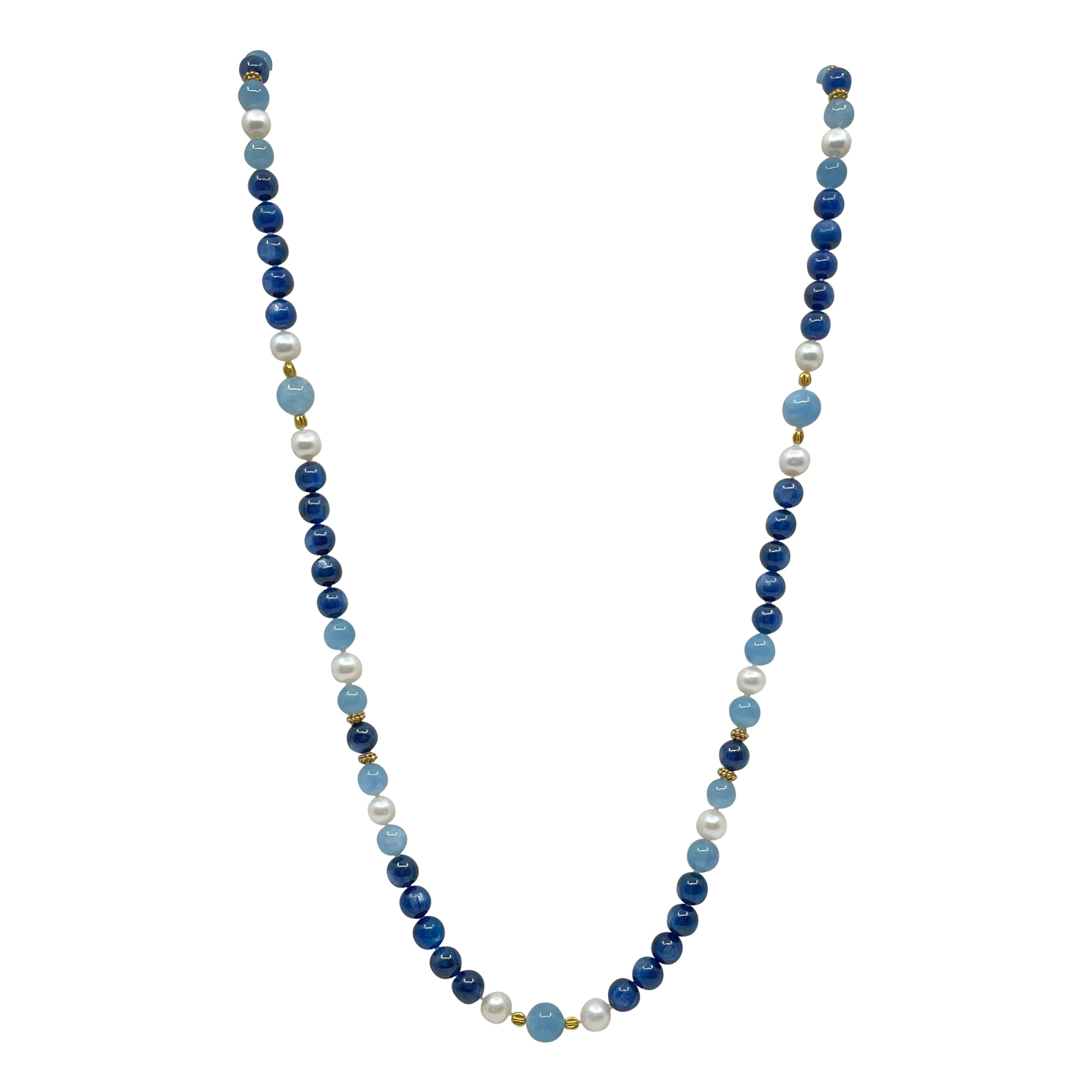 Aquamarine, Kyanite, Freshwater Pearl & 18K Gold Necklace For Sale