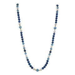 Retro Aquamarine, Kyanite, Freshwater Pearl & 18K Gold Necklace