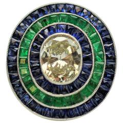Oval Diamond Emerald Sapphire Platinum Ring Antique Oval Diamond Emerald Sapphire Platinum Ring