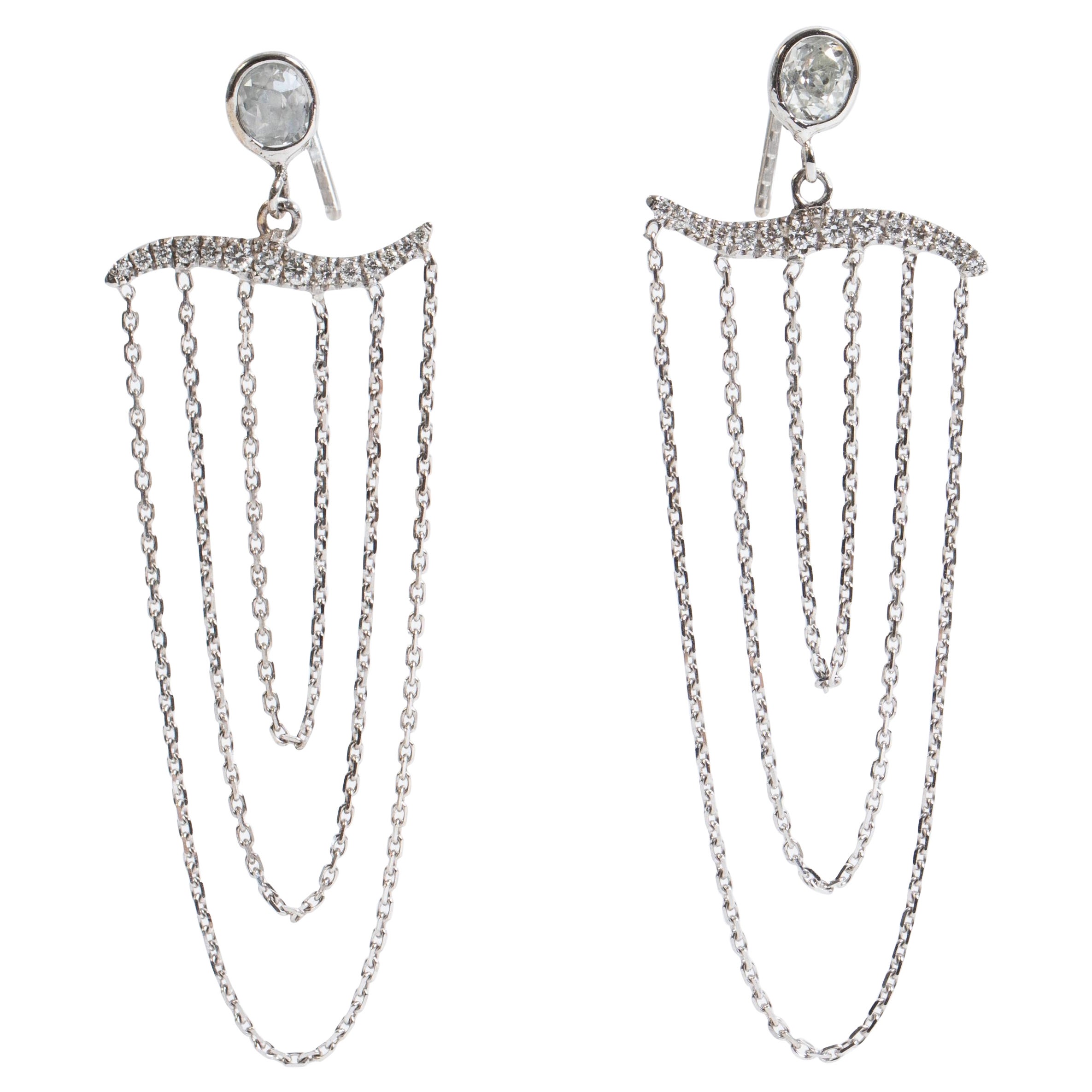 18K White Gold Chain Earrings Set with Diamonds For Sale