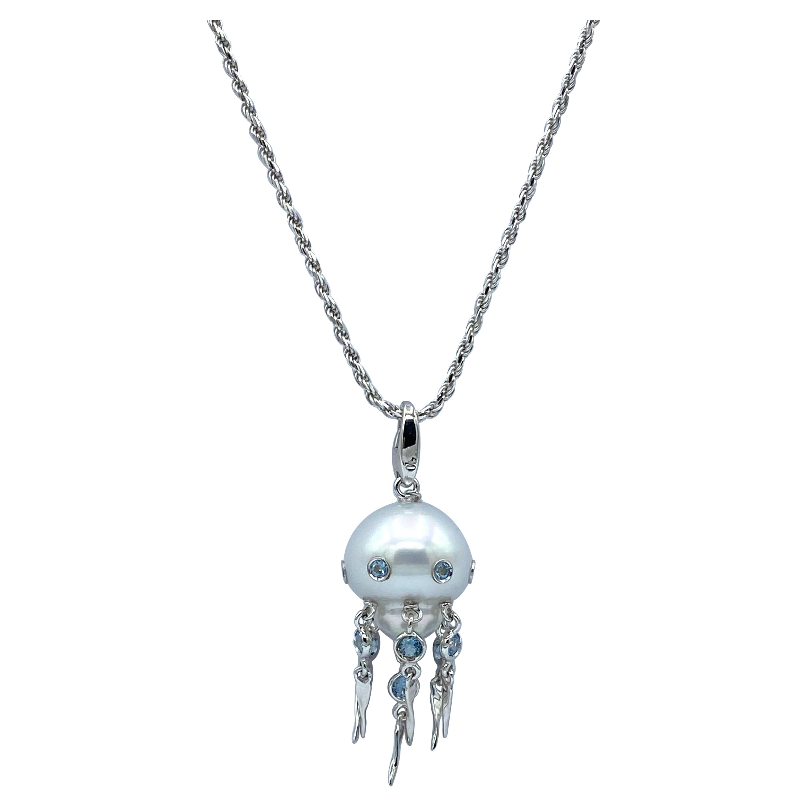 Aquamarine Australian Pearl 18Kt White Gold Jellyfish Pendant/Necklace or Charm 