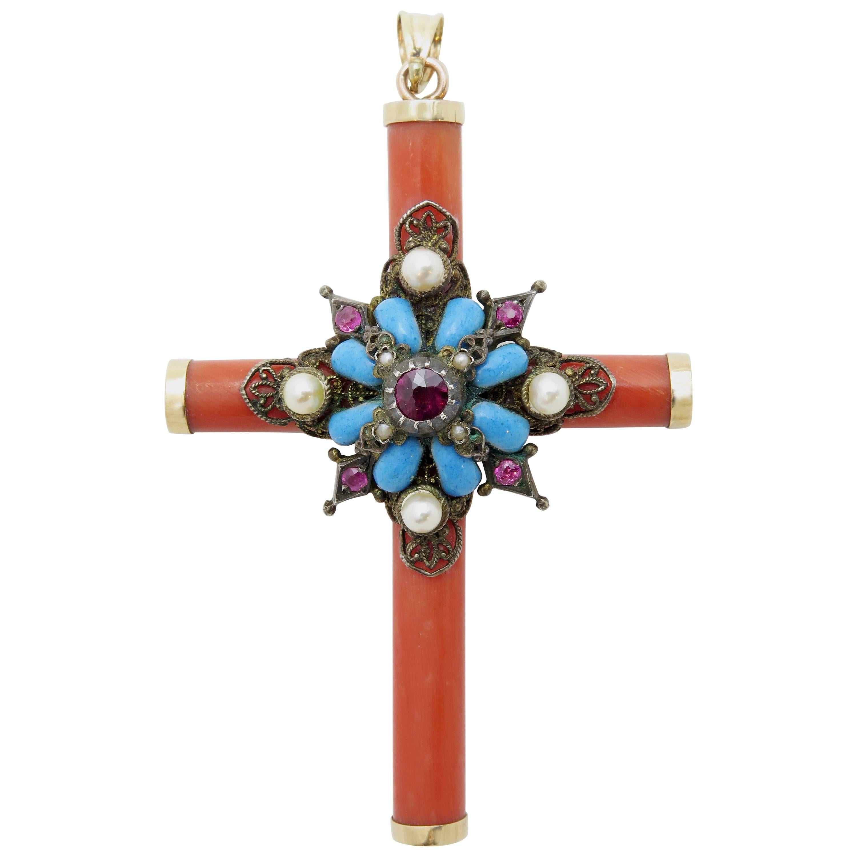 Early 19th Century Italian Coral Cross Pendant For Sale