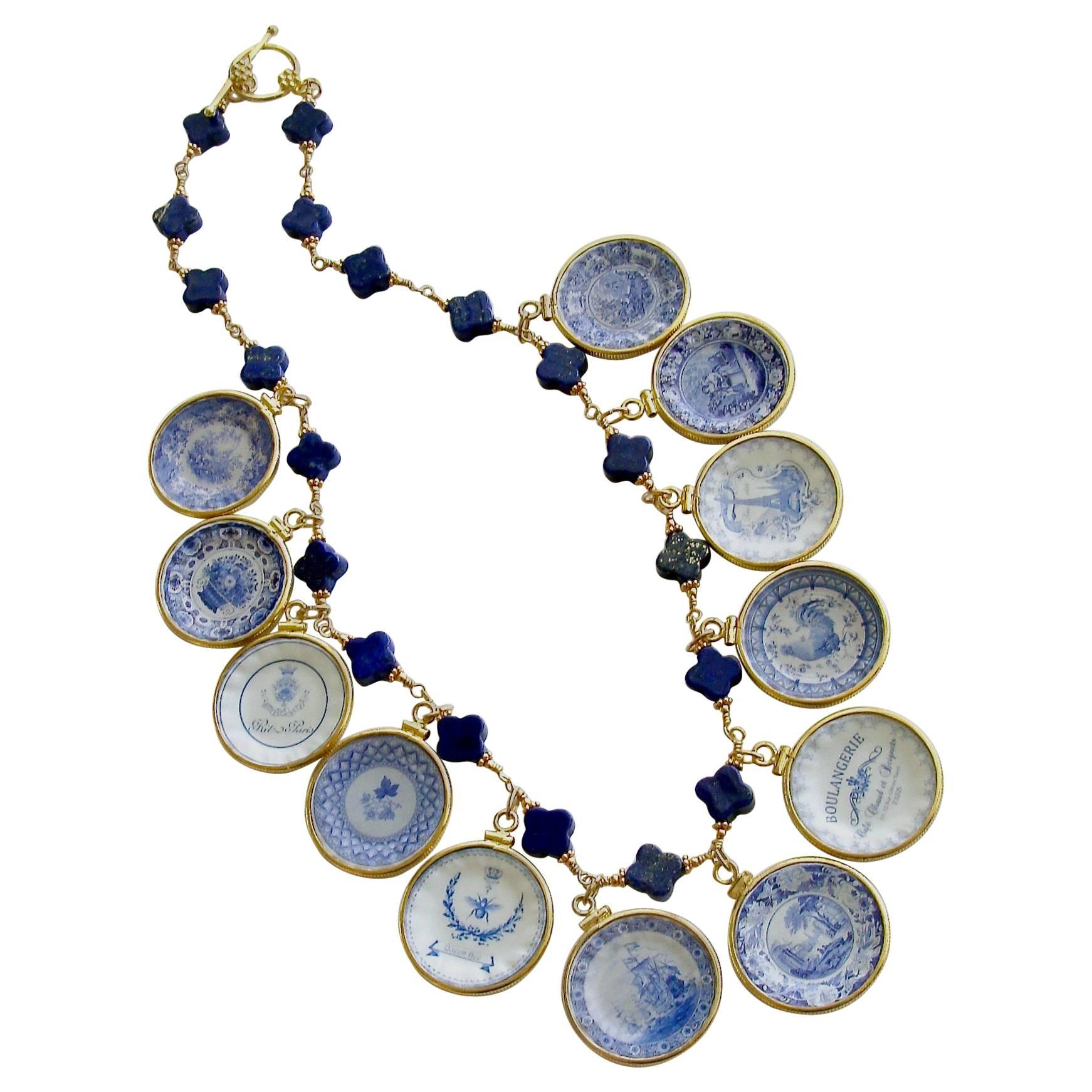 Lapis Quatrefoils Miniature Plates Charm Necklace