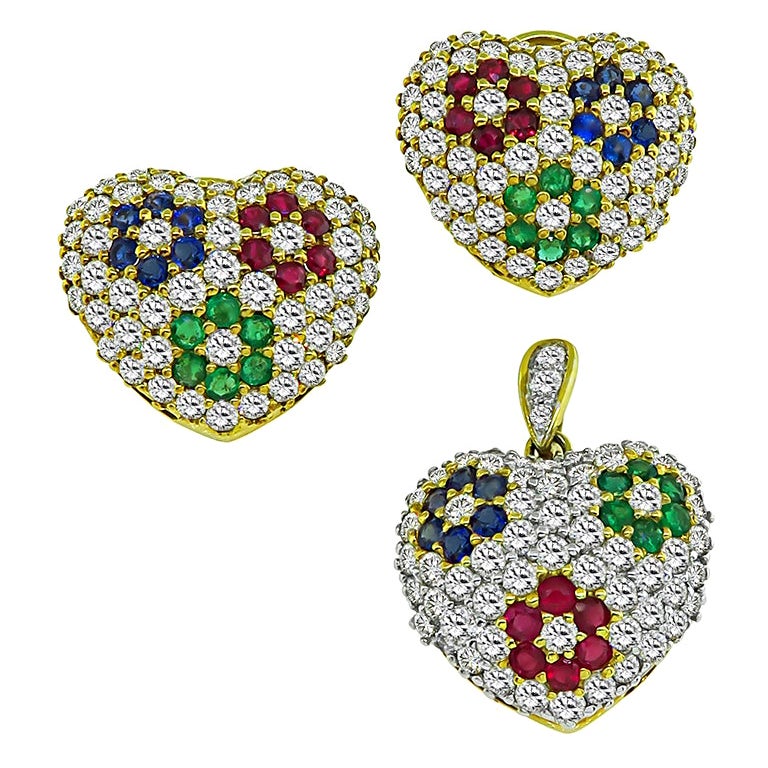8.50ct Diamond Multi Color Precious Stone Heart Pendant and Earrings Set For Sale