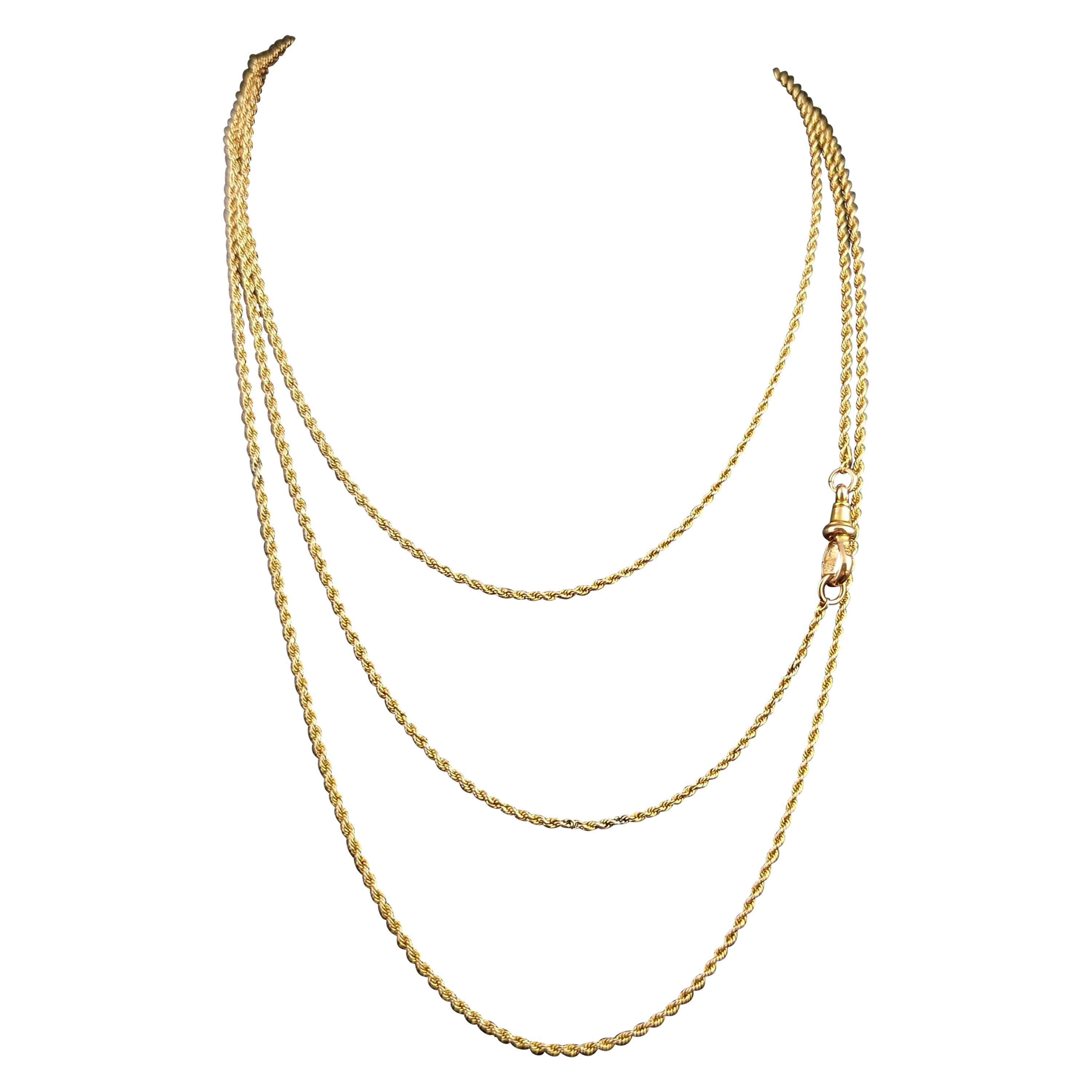 Collier à longue chaîne ancienne en or jaune 15 carats, longuard, maillons torsadés en corde 