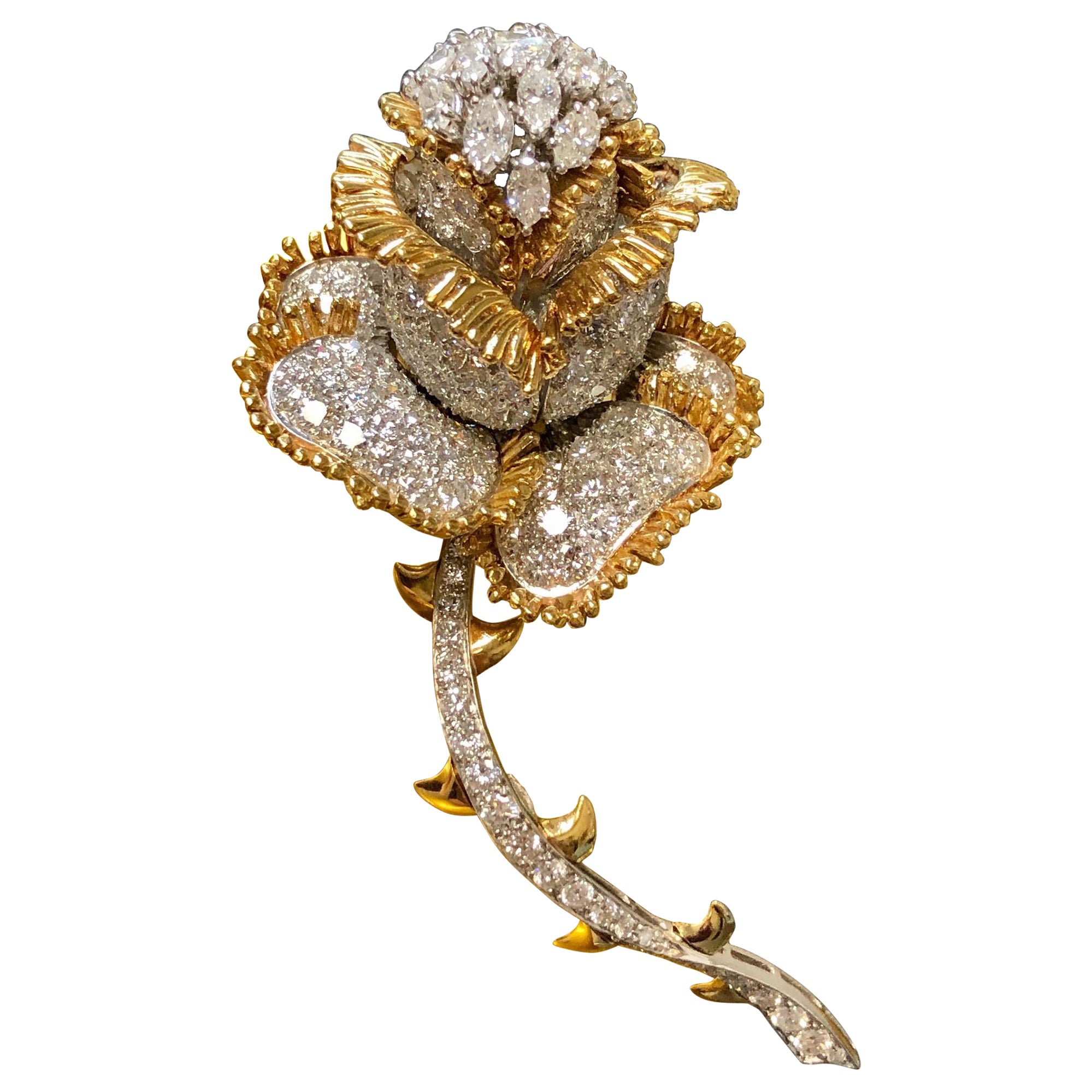 Grande broche vintage en forme de fleur de rose en platine et diamants 18 carats en vente