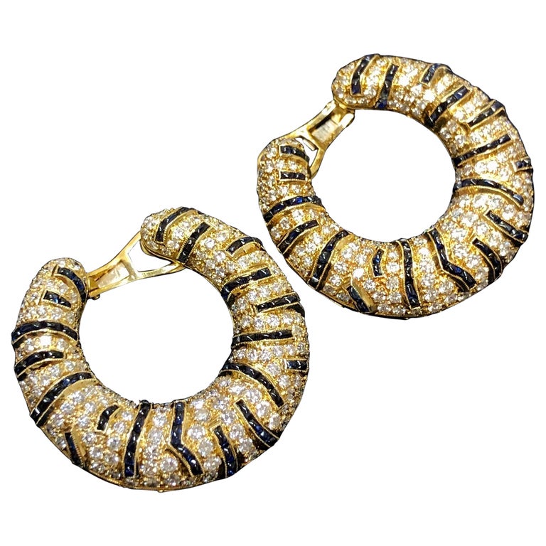 18K Buff Top Sapphire Diamond Back To Front Hoop Earrings For Sale at