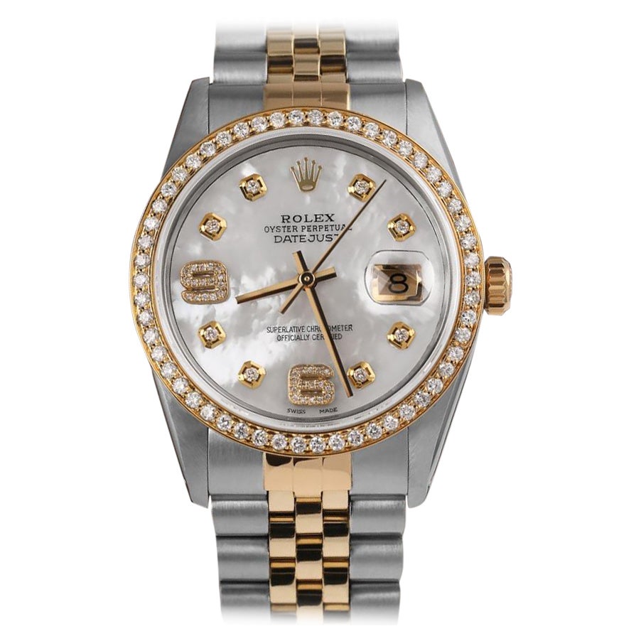 Rolex Oyster Perpetual Datejust Diamond Bezel White MOP Dial Diamond 6 & 9 Watch For Sale