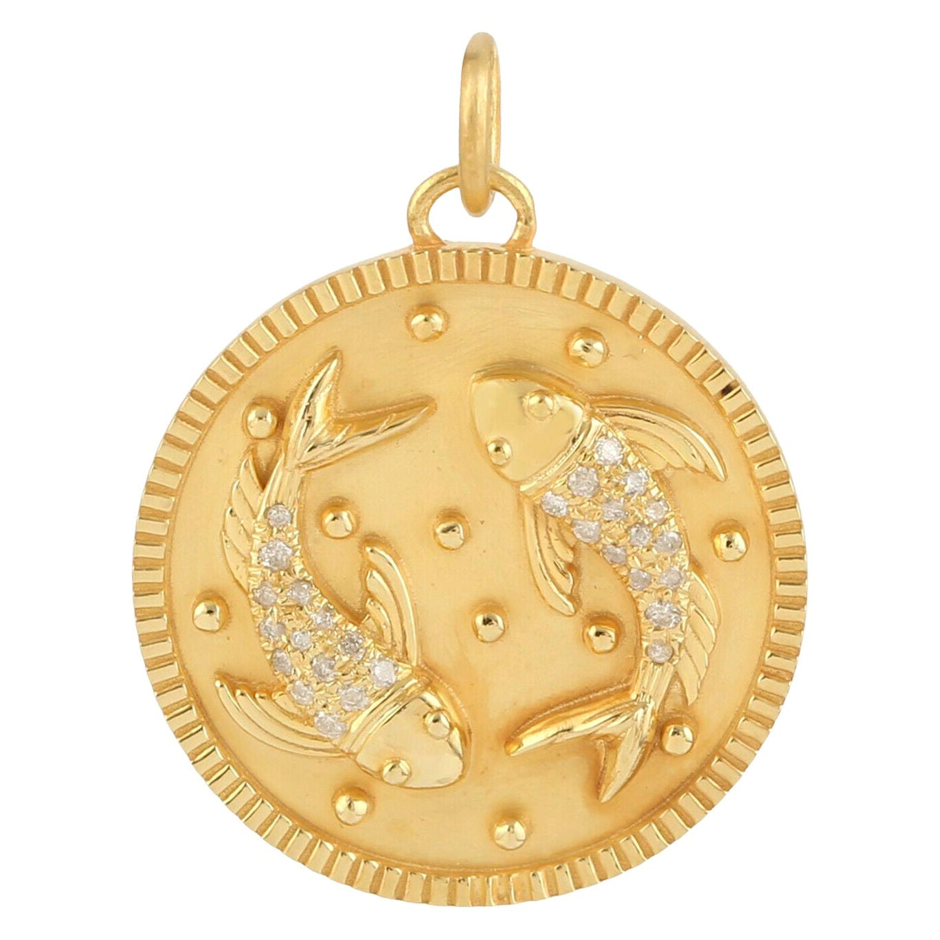 Zodiac Pisces Medallion Charm 14K Yellow Gold Pendant Necklace For Sale