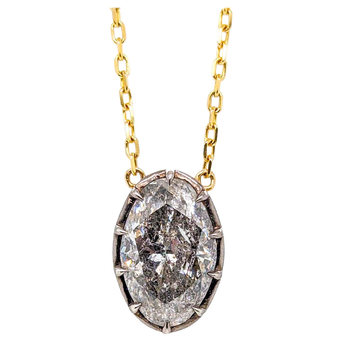 18k Yellow Gold Silver & Oval Salt & Pepper Diamond Necklace For Sale