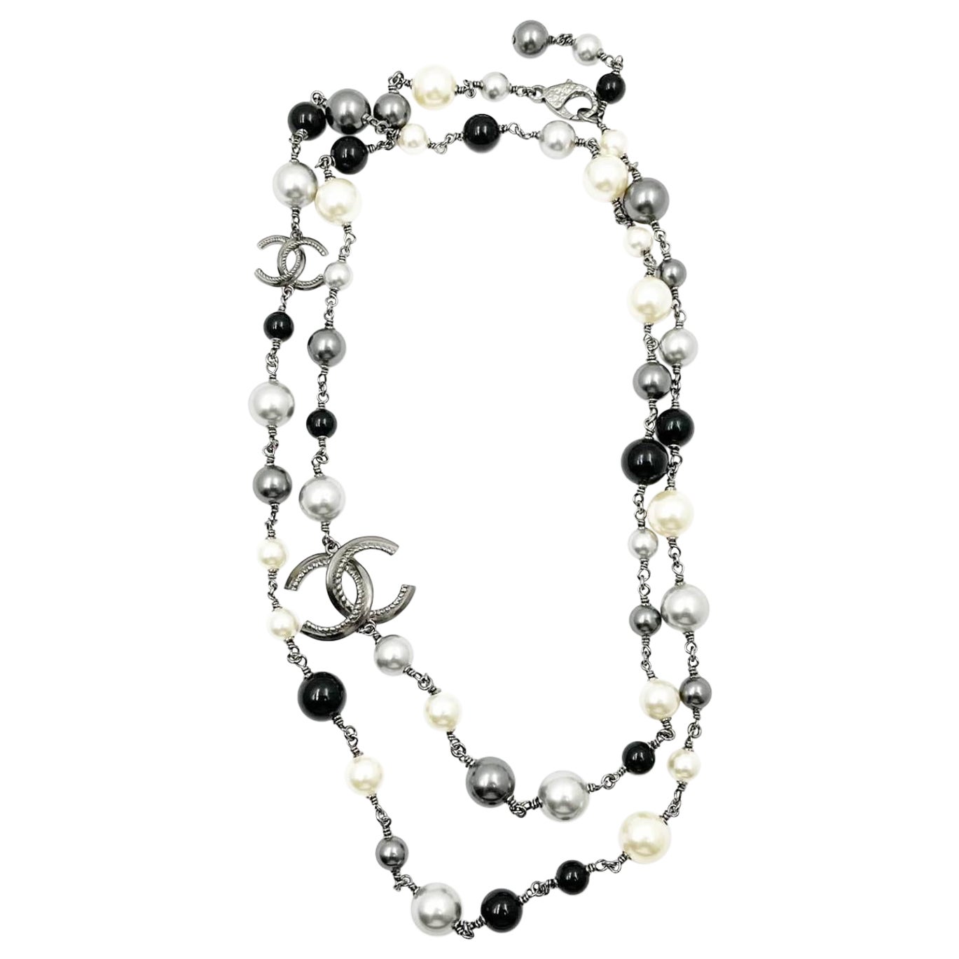 Chanel Gunmetal Rope CC Black Bead Pearl Necklace at 1stDibs