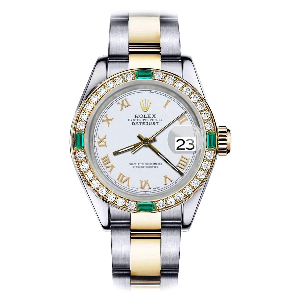 Rolex Pearl White Roman 26mm Datejust Two Tone Diamond + Emerald Bezel Watch For Sale