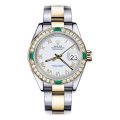 Vintage Rolex Pearl White Roman 26mm Datejust Two Tone Diamond + Emerald Bezel Watch