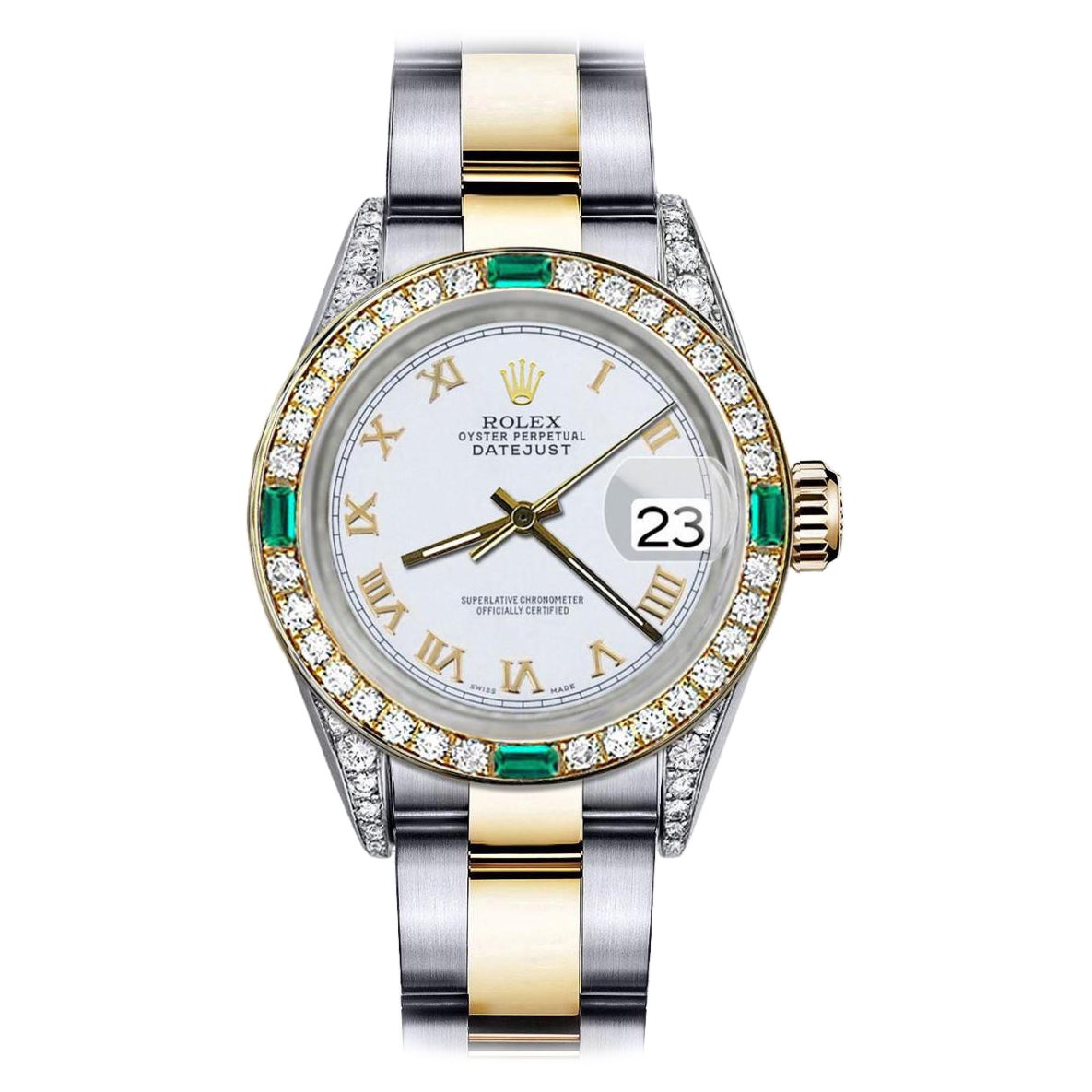 Rolex Pearl White Roman Datejust Two Tone Diamond Lugs Emeralds Watch 69173