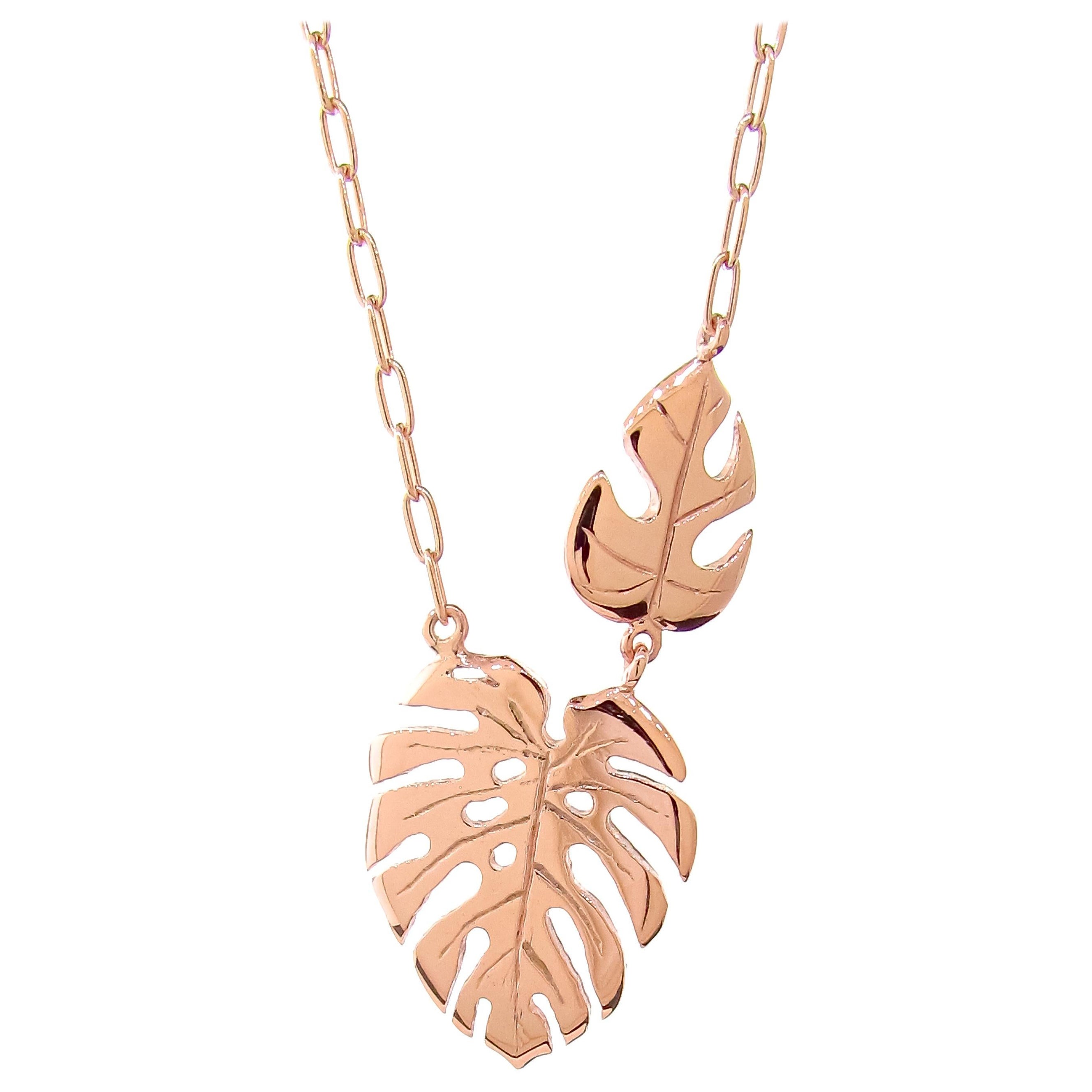 Double Monstera Leaf Necklace in 9K Rose Gold For Sale