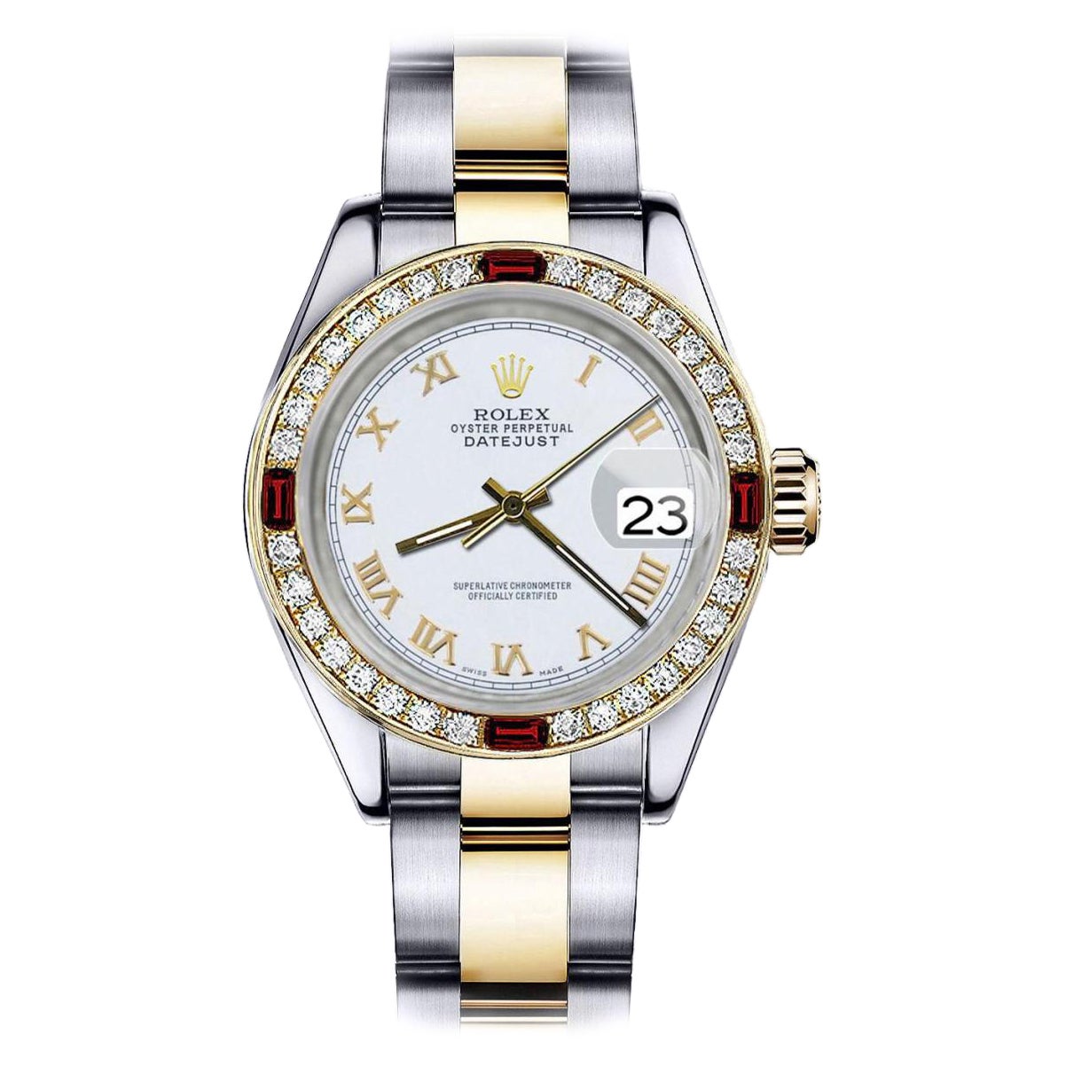 Rolex Pearl White Roman Datejust Two Tone Diamonds + Ruby Bezel Watch For Sale