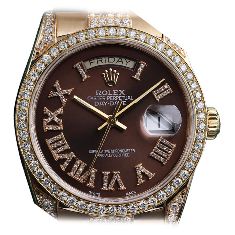 Rolex Presidential Chocolate Roman Diamond Dial Yellow Gold Watch For Sale