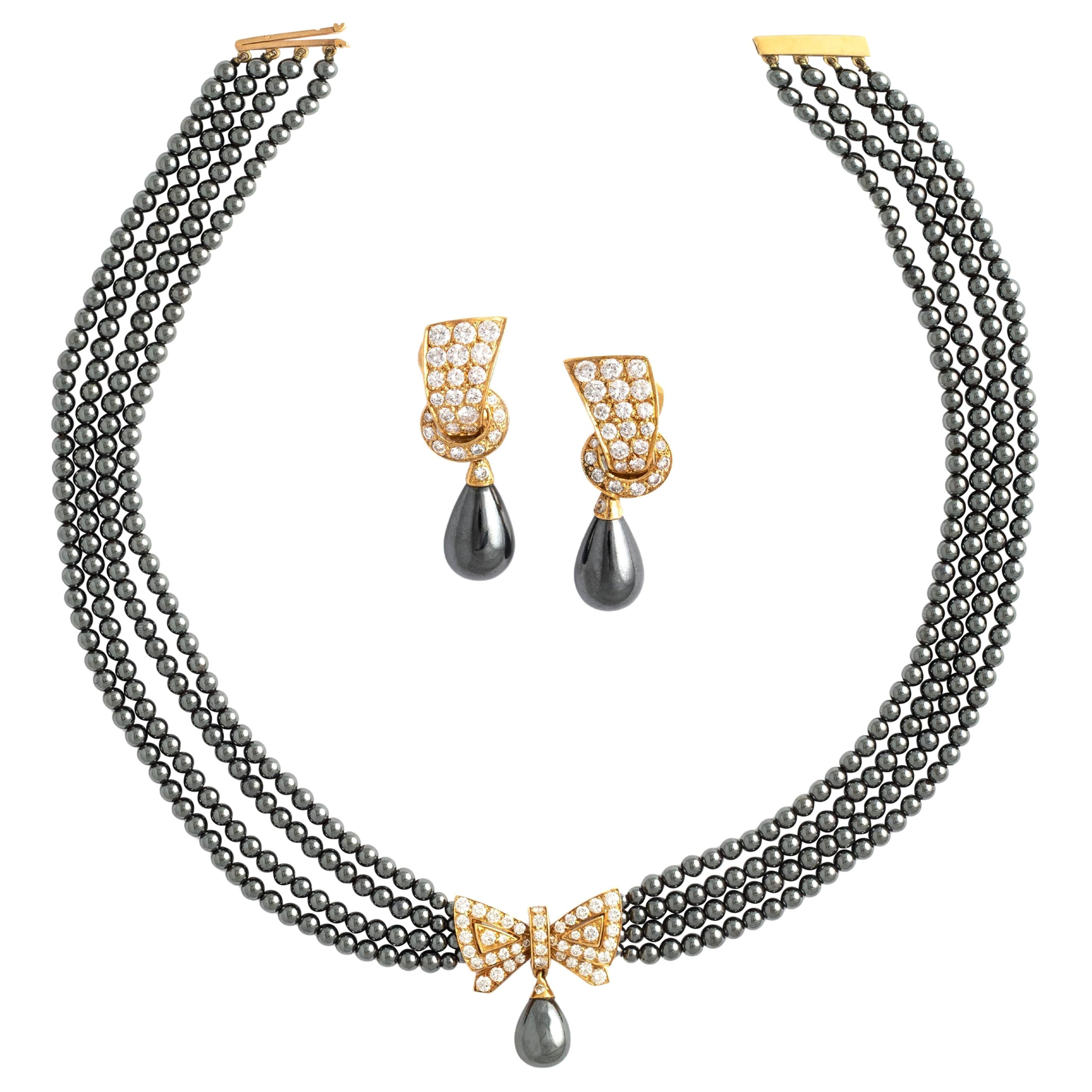 Van Cleef and Arpels Diamond Hematite Necklace and Earrings Set For Sale